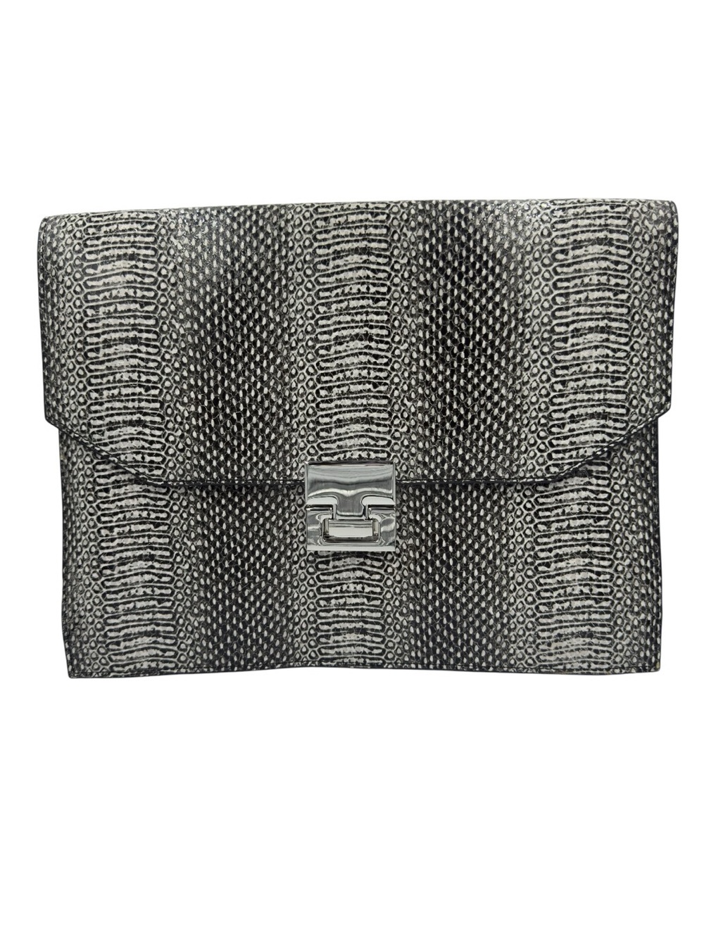 Ivanka Trump Black White Snakeskin Envelope Clutch Handbag Silver Hardware